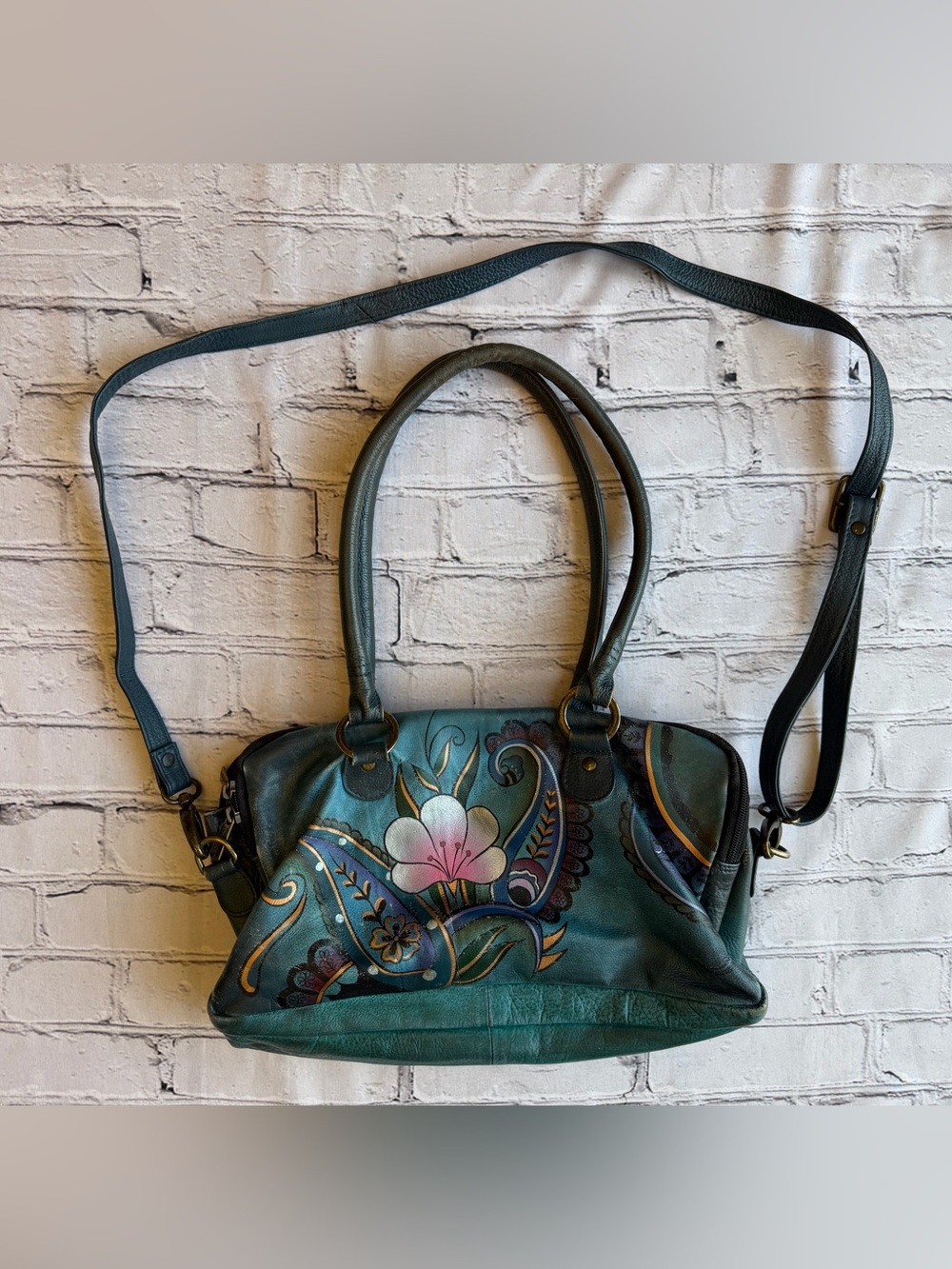 Anuschka Hand Painted Leather Bag Floral Art To Wear Purse Boho Hippie Teal